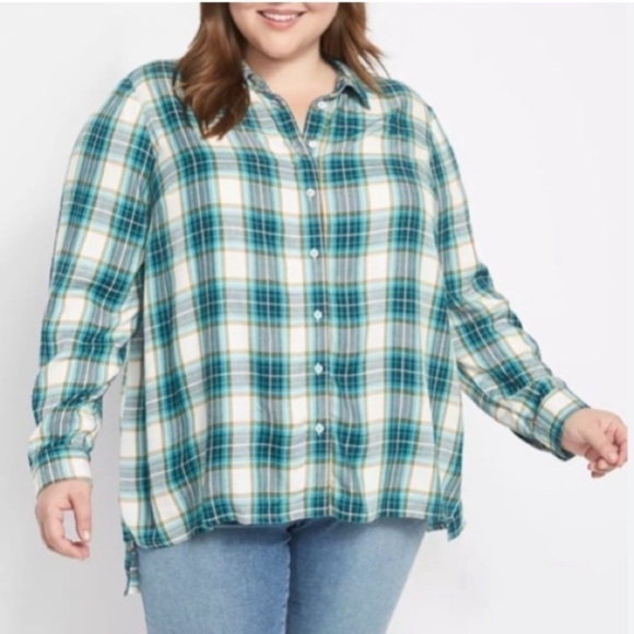 Lane Bryant Tops - Lane Bryant No Peak Button Front Green Plaid Boyfriend Top